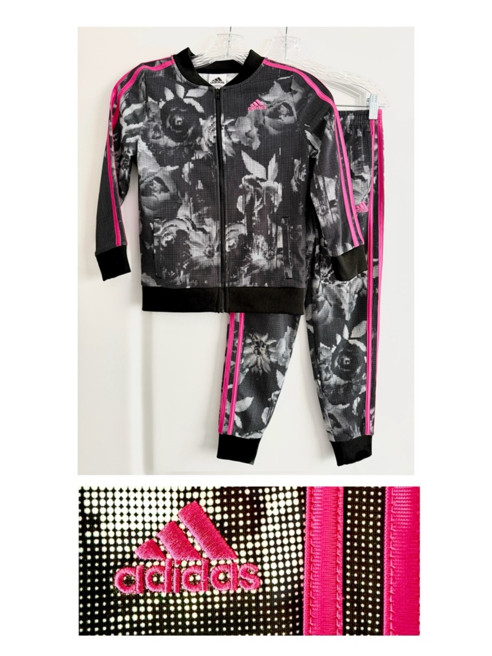 adidas Black & Hot Pink Floral Track Set for Kids